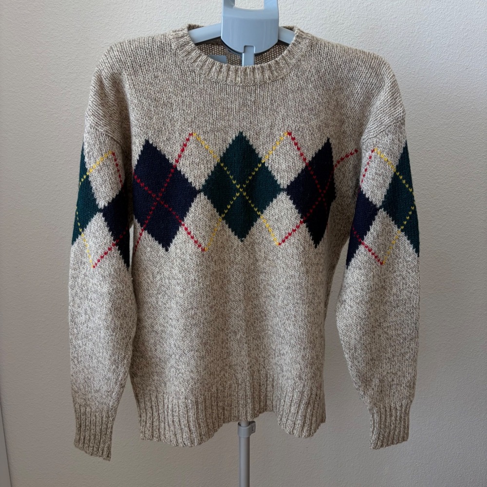 Gap Clothing Co Sweater Men's Large Oatmeal Argyle Wool Vintage Hong Kong 90s